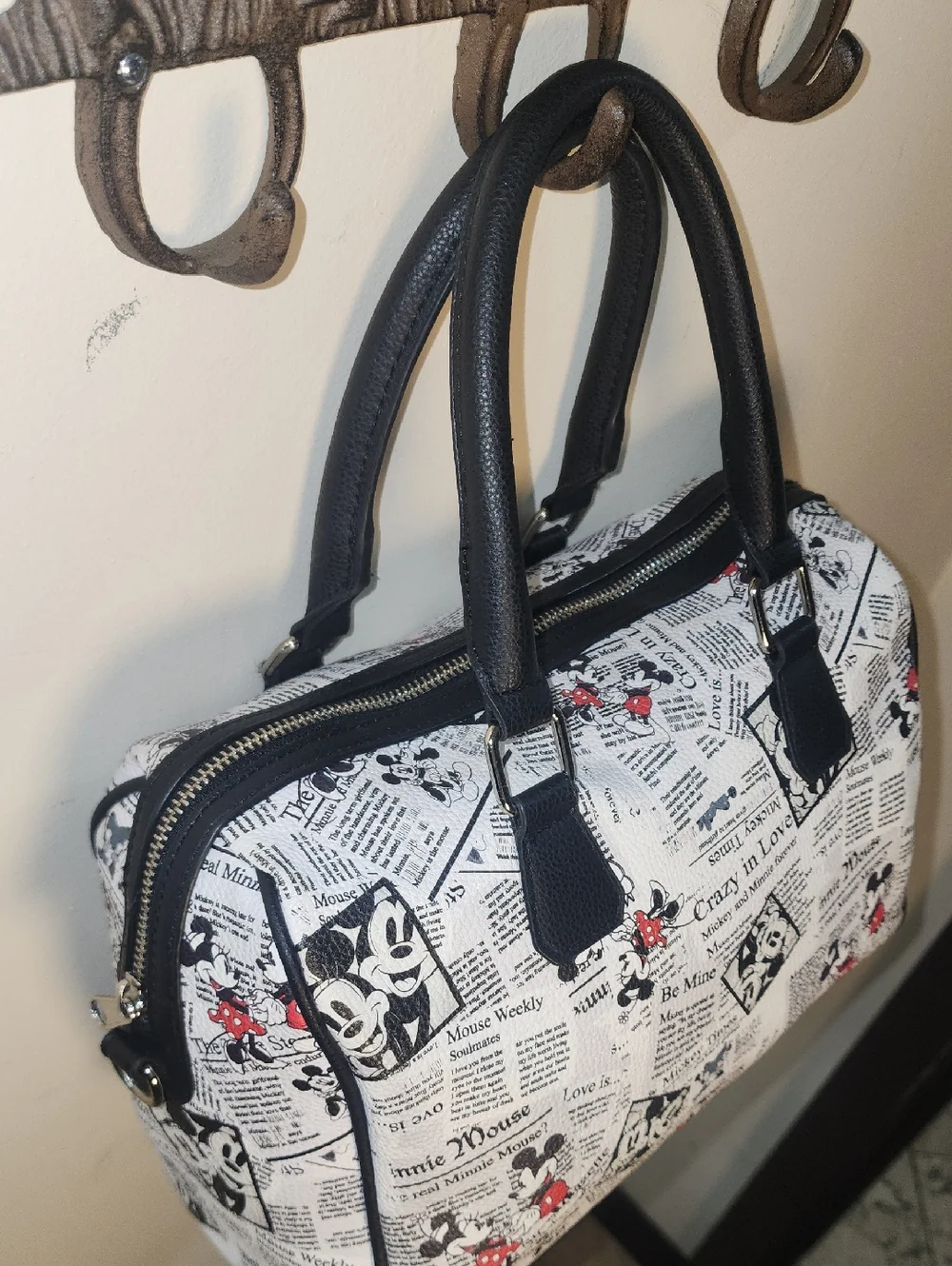 Mickey Minnie Newspaper Satchel Black White Crazy In Love Soulmate Disney Barrel